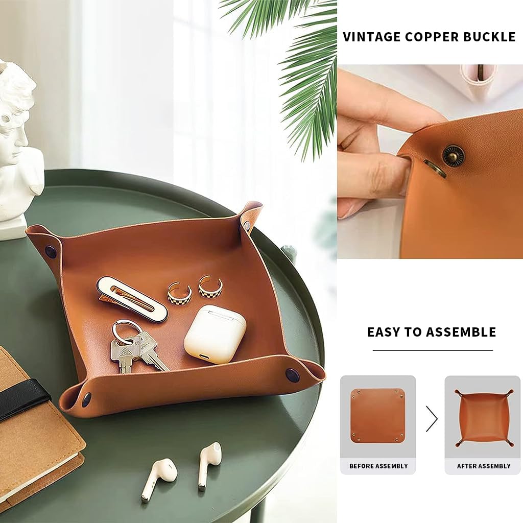 MAYCREATE Leather Valet Tray Organizer for Home and Office featuring Snap Button Corners | 3Pcs 9.8 in Brown PVC Leather Catchall