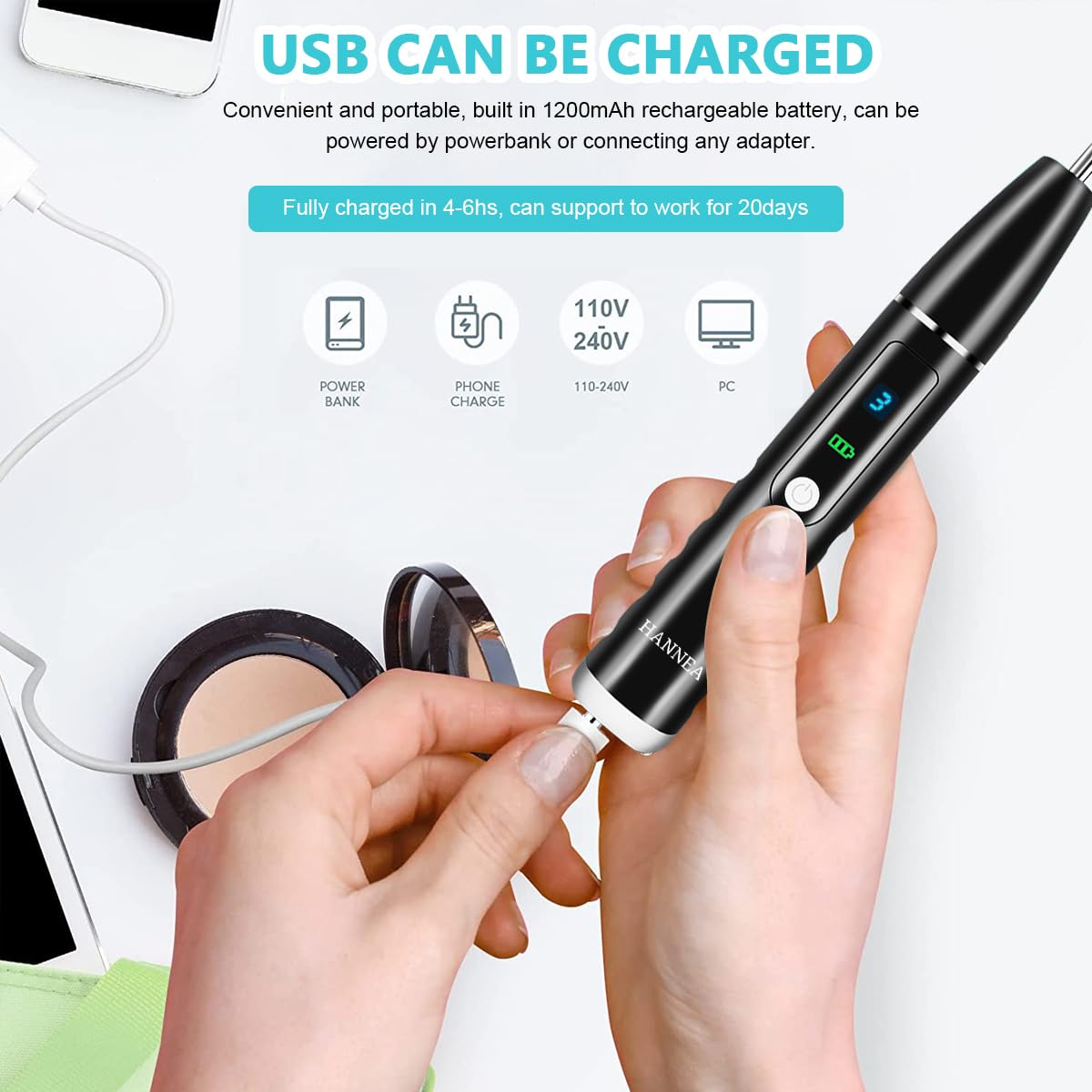 HANNEA Tooth Polisher, Rechargeable Tooth Whitening Kit for Teeth Cleaning and Whitening, IPX6 Waterproof, 5 Speed Modes & 5 Brush Heads Dental Teeth Polisher with LED Light for Adults & Kids