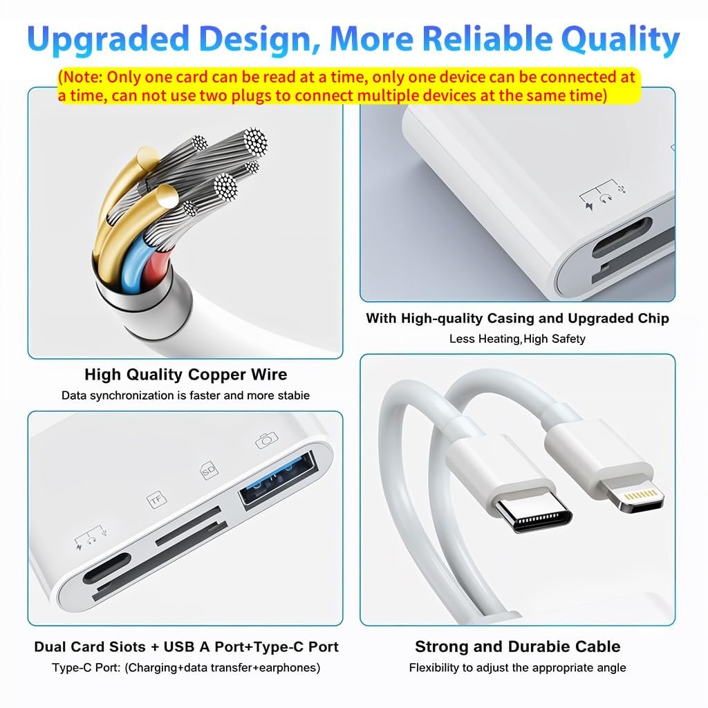 Verilux Multi Card Reader for iPhone featuring 4 in 2 USB C Lightning Ports | Supports Fast Charging