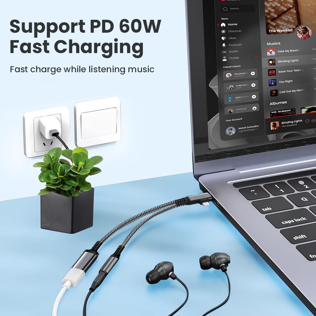 Verilux USB C to 3.5mm Audio Adapter for Simultaneous Charging with Dual Interface & Braided Cable