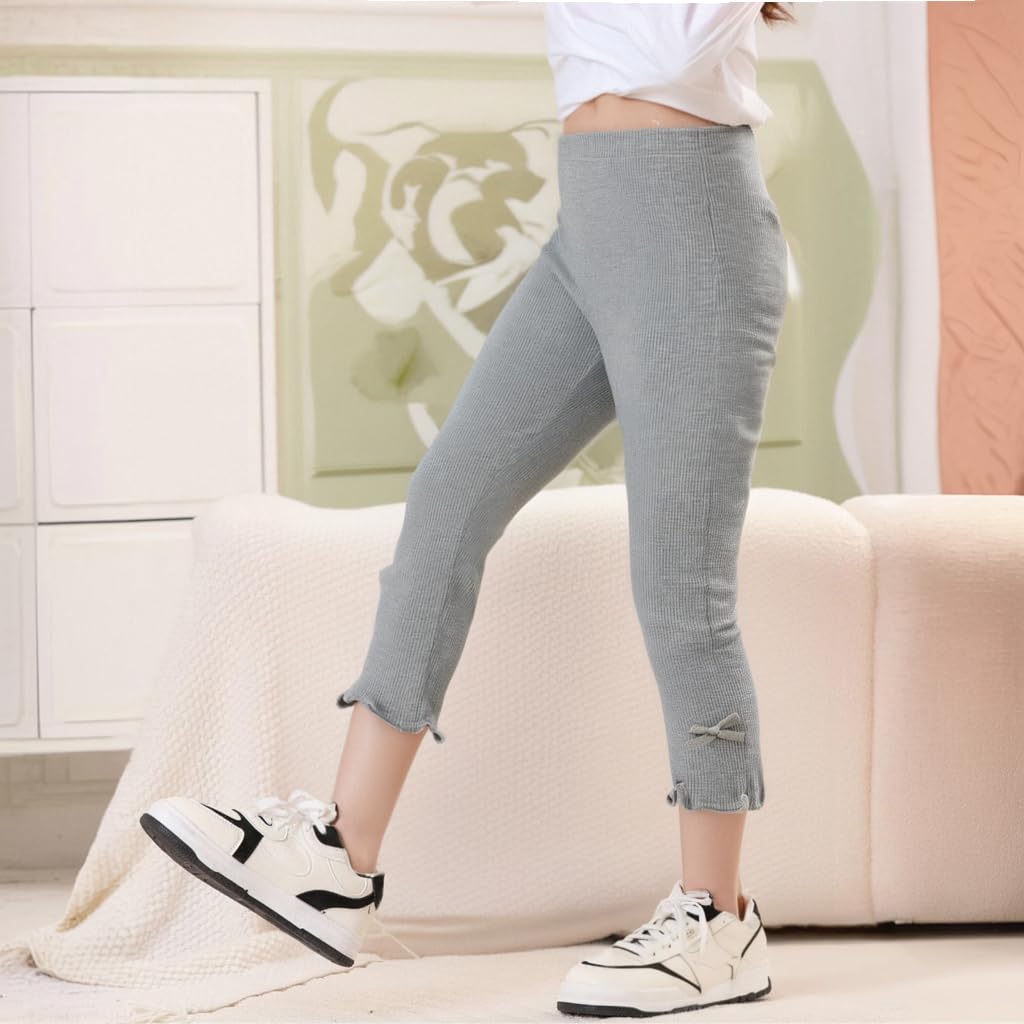SNOWIE SOFT Modal 3/4 Pants for Girls with Elastic Waist and Decorative Bow | Grey 140cm