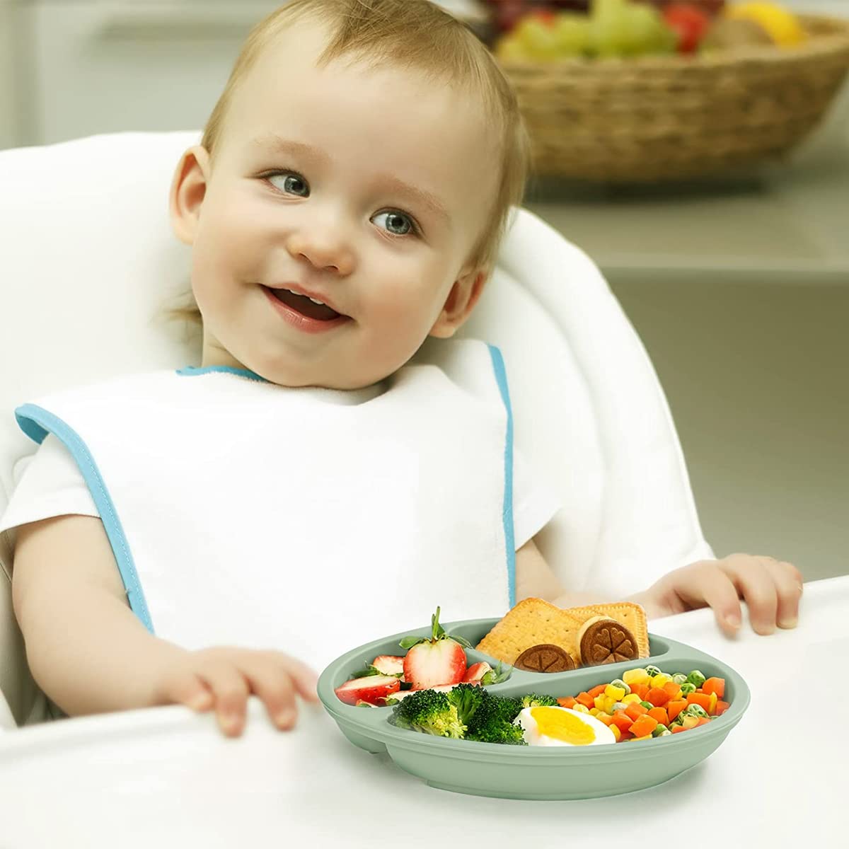 SNOWIE SOFT Baby Suction Plates for Feeding with 4 Strong Cups Silicone Green 2PCS