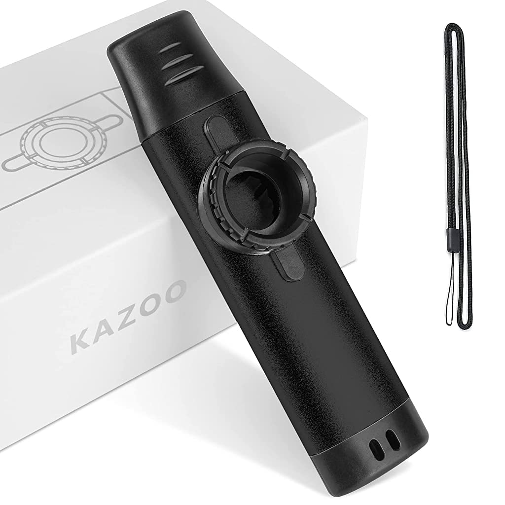 HASTHIP® Kazoo Musical Instrument, Aluminum Alloy Kazoo with 5 Replaceable Kazoo Membranes, Lanyard, Mouthpiece Cover, Tunable Kazoo Music Instruments for Kids/Adults/Music Lovers (Black)