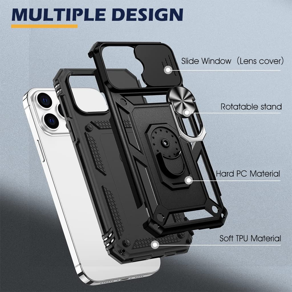 ZORBES Phone Case for iPhone 13 with Sliding Camera Cover and Ring Kickstand | TPU Shockproof Protection