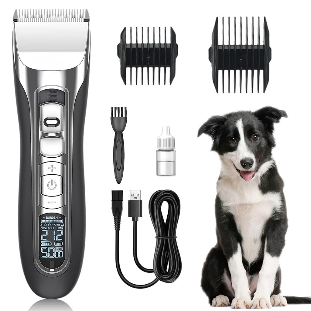 ZIBUYU® Electric Dog Trimmer, Dog Grooming Kit with 2 Limiting Comb, Cleaning Brush USB Hair Trimmer for Thick Long Hair Dogs, Cats Switchable 5 Speed Mode Pet Grooming Hair Clipper For Dogs Cats