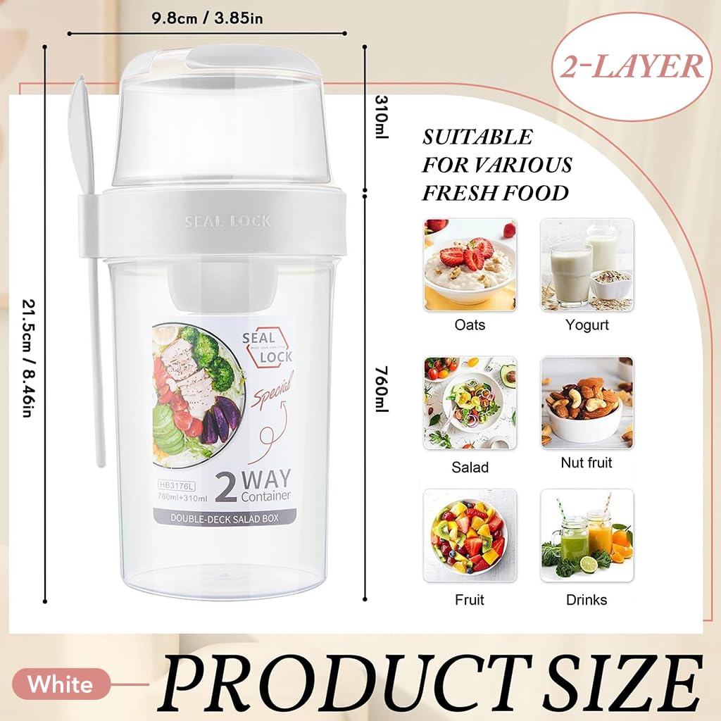 HASTHIP Breakfast On the Go Cup for Yogurt and Oats with 350ml and 760ml Dual Containers | Leak-Proof PP Jar Featuring Screw Cap and Detachable Sauce Case