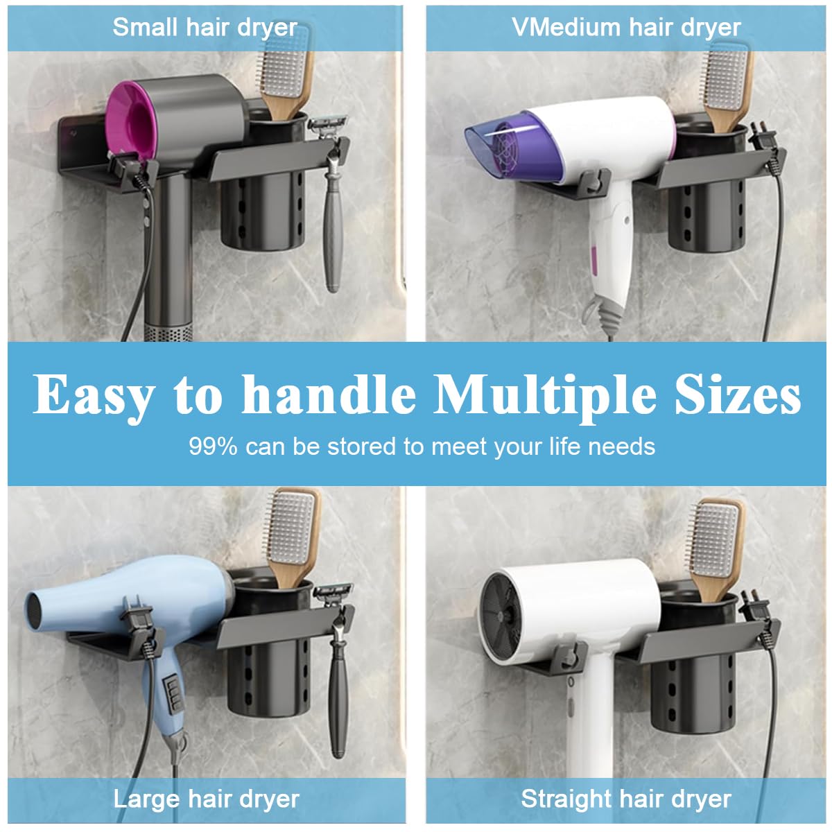 HASTHIP Hair Dryer Stand for Bathroom and Salon with 3 in 1 Organizer | Carbon Steel Wall Mount