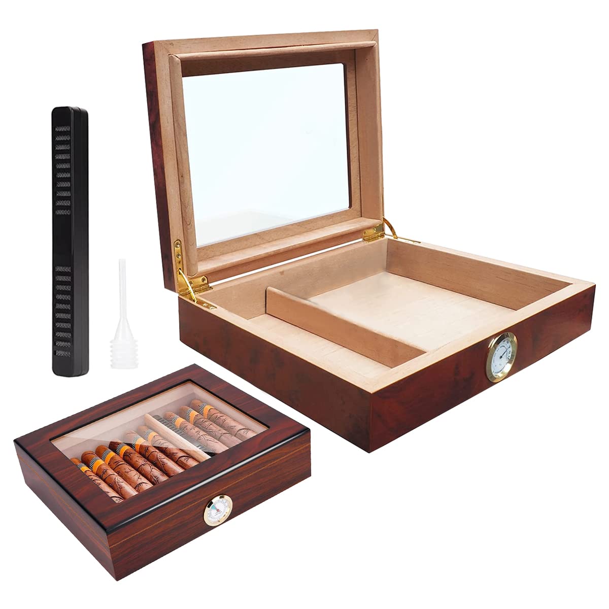 GUSTAVE® Cigar Humidor Cigar Box, Cedar Cigar Desktop Box with Glass Top, Humidifier and Hygrometer, Luxurious Wooden Cigar Box Cigar Gift Box Cigar Collection Box, Holds 20 Cigars (Without Cigars)