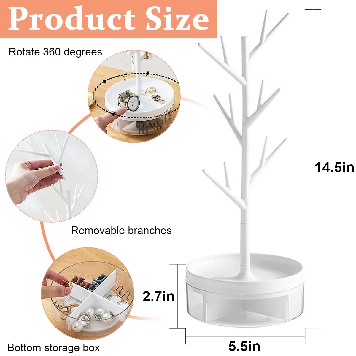 MAYCREATE Jewelry Organizer for Rings Necklaces and Earrings with Tree Branch Stand | White Minimalist Storage for Women