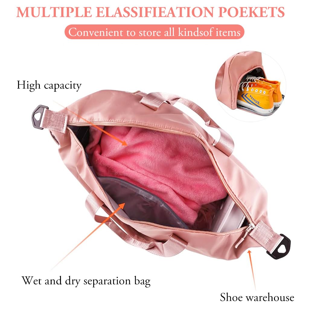 ZIBUYU Gym Bag for Women with Shoe Compartment and Detachable Strap | 47x22x25cm Travel Duffle