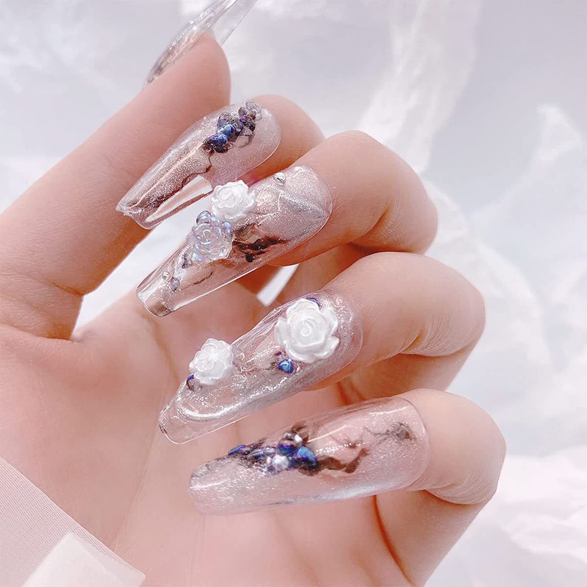 MAYCREATE Nail Art Charms for DIY Manicures featuring 200 pcs 3D Resin Flowers and Beads | 4 Colors