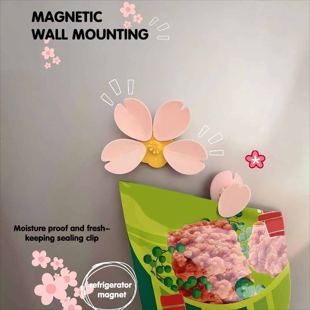 Supvox Food Bag Clips 5 Pcs for Kitchen Storage featuring Sakura Petal Shape and Magnetic Holder | Decorative Sealing Clips