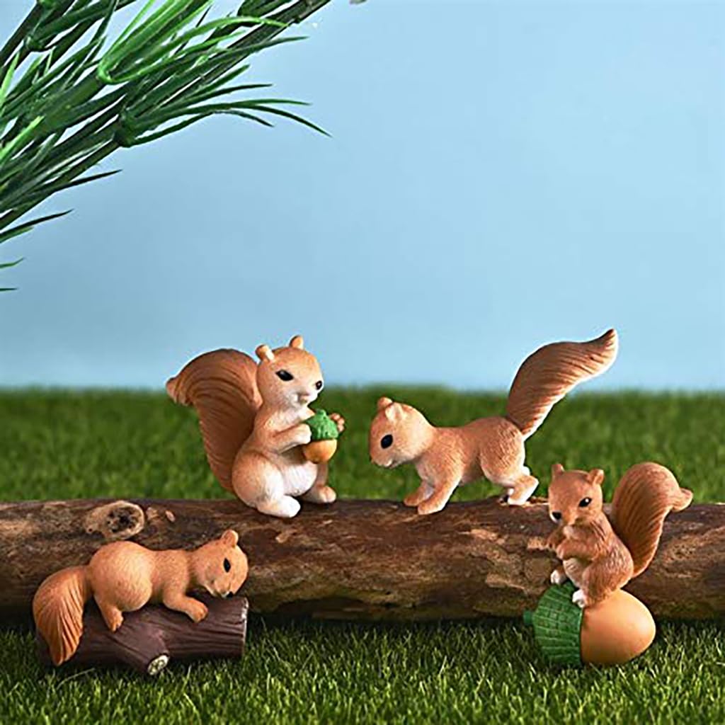 Zibuyu Mini Squirrel Figurines for Home Décor and Fairy Gardens featuring 4 Eco-Friendly Pieces