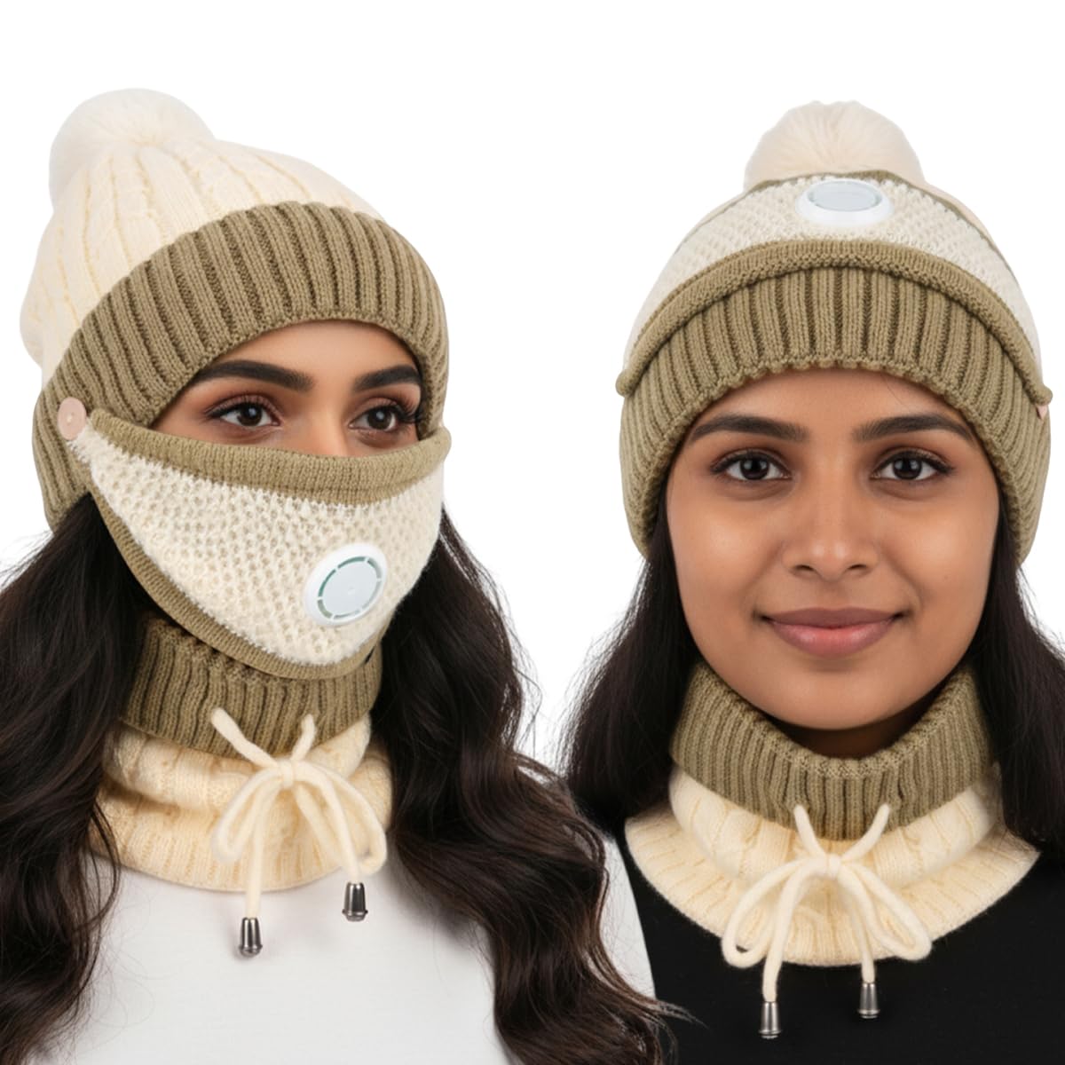 SANNIDHI Winter Cap for Women with Detachable Face Mask and Adjustable Neck Gaiter | Beige
