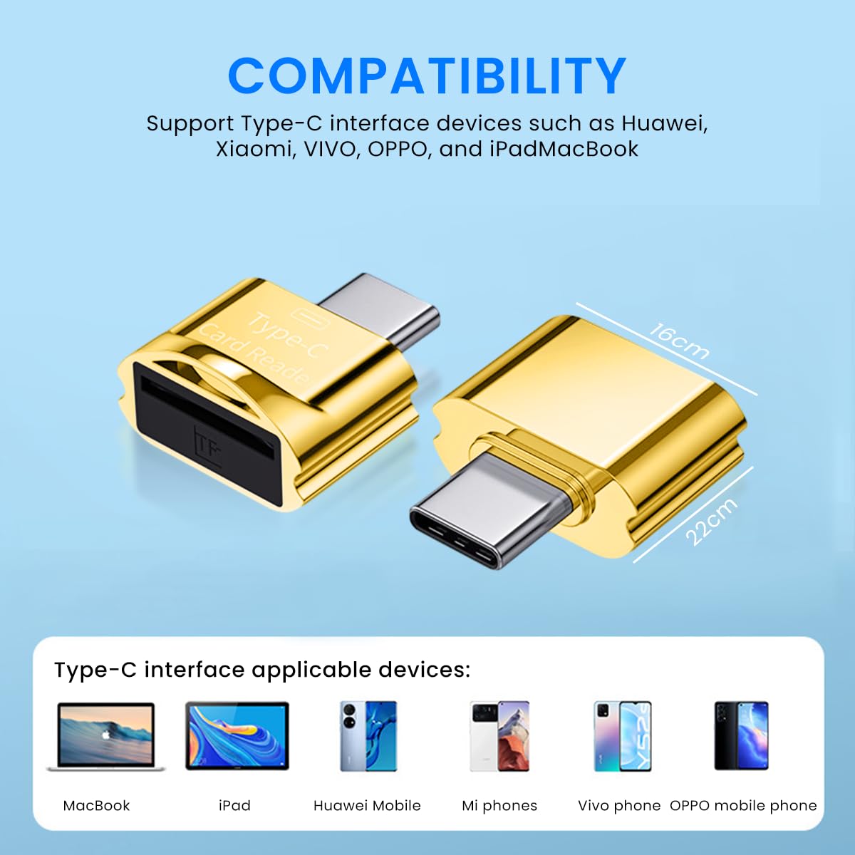 Verilux® TF Card Reader Type C Micro TF Card Reader Golden TF Card Reader with Keychain USB C to Micro SD SDHC SDXC OTG Memory Reader, Compatible with Phone with OTG Function, Instant TF Card Reader