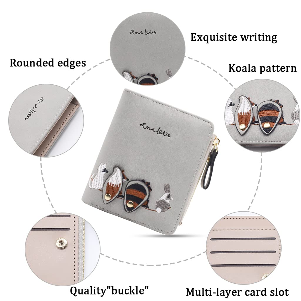 PALAY Wallet for Women 2pcs Set with Zipper Bi Fold Design and Fox Print PU Leather | Green and Grey Mini Purse 12 x 9.5 x 2 cm