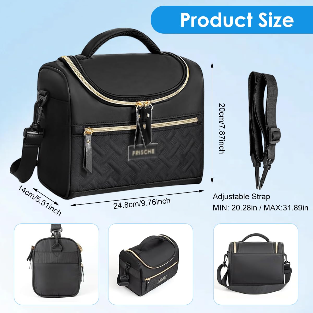 HASTHIP Lunch Bag for Office School and Picnic with Waterproof Insulated Design | Quilted Black Tote Featuring Handle and Shoulder Strap