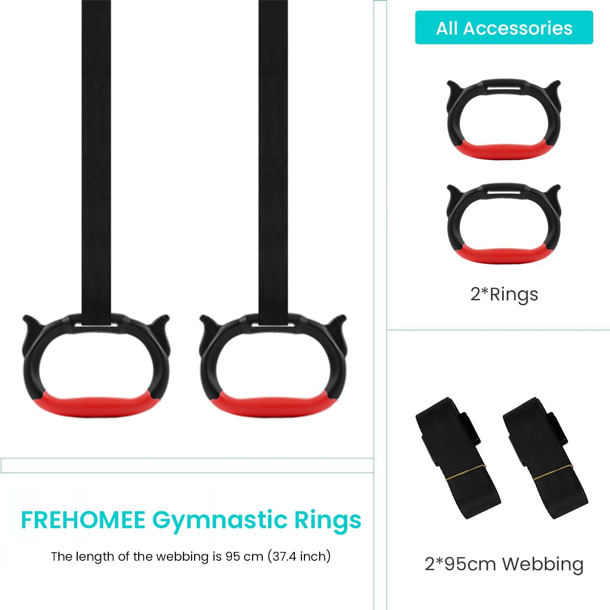 Proberos Kids Gymnastic Rings for Home Fitness with 95cm Adjustable Strap & Rubber Grip | 330lbs Load