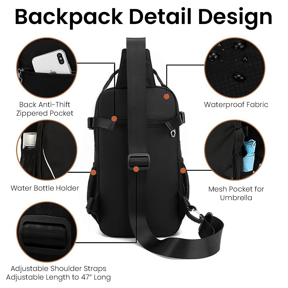 GUSTAVE Sling Bag for Men with Adjustable Strap and Handle 20x3x34cm Nylon Black | Travel and Outdoor Crossbody
