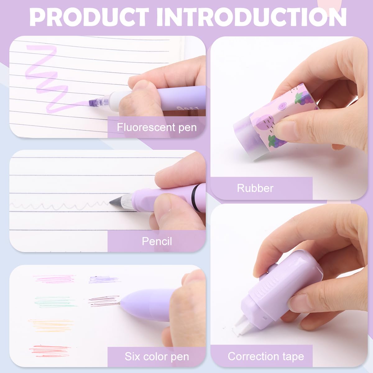 OFIFO Stationery Set for School and Kids with 6 In 1 Ballpoint Pen and Kawaii Purple Design