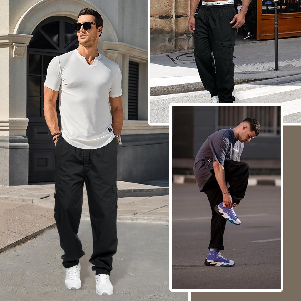 GUSTAVE Cargo Pants for Men with 80cm Elastic Waist and Multi Pockets | Polyester Loose Fit Black Trousers
