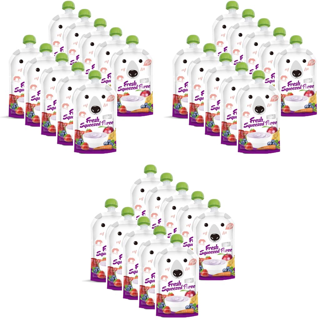 SNOWIE Soft Reusable Baby Food Pouch 30pcs 200ml with Double Sealing Strip | Leak Proof PE Design