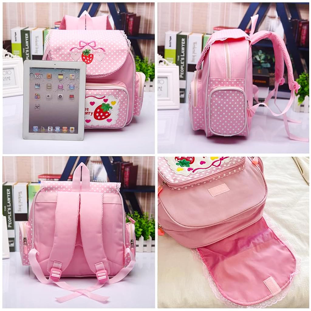 Zibuyu School Bag for Girls with 30x13x37cm Multi Pocket Canvas Design | Pink Strawberry Embroidery Backpack