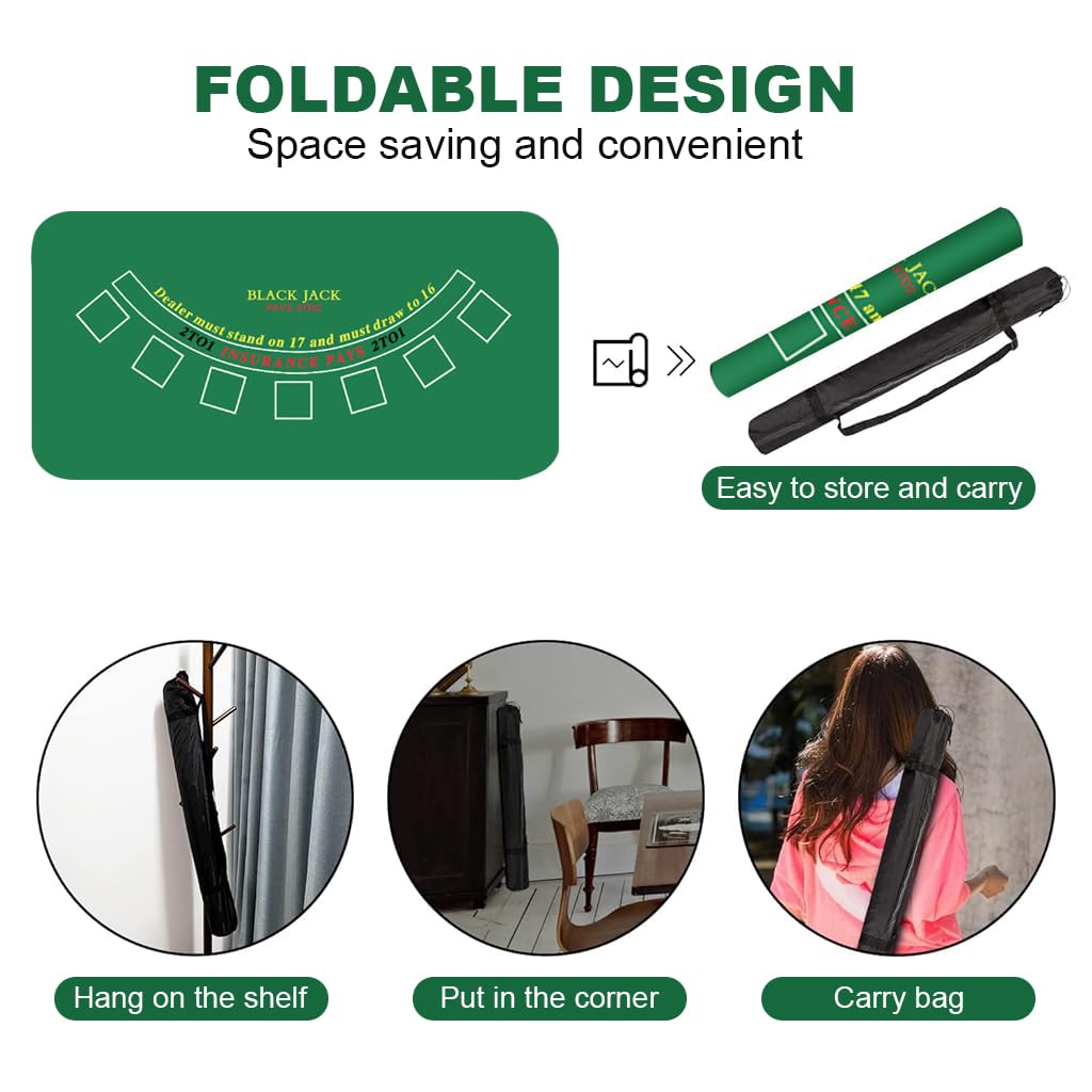 PATPAT Blackjack Poker Table Mat for Home Play with 7 Betting Boxes 70.8x35.4 in Green | Anti Slip Rubber Base