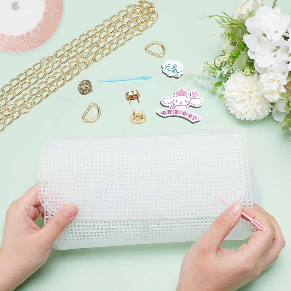HASTHIP Plastic Mesh Canvas Sheets for DIY Kawaii Cinnamoroll Bag with Chenille Yarns | Embroidery and Crochet Craft Kit