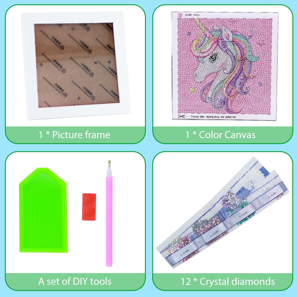 PATPAT DIY 5D Diamond Painting Kit for Kids with Frame and Tools 15×15cm | Rainbow Unicorn Art Craft Gift