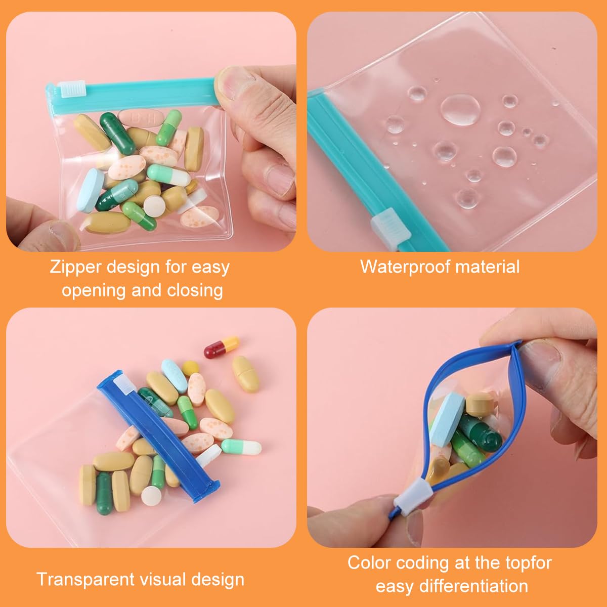 HANNEA Reusable Pill Pouch Set for Travel and Daily Use featuring 28pcs 7.6x7cm Clear EVA Bags with Color Coded Zip Lock | Includes Labels