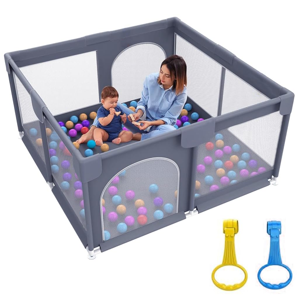SNOWIE SOFT Baby Ball Pit (No Balls) Assemble Baby Play Area DIY Toddlers Amusement Play Zone with Zipping Door, Robust Metal Frame, Soft Foam Wrap, Corner Protectors, 51'' x 51''