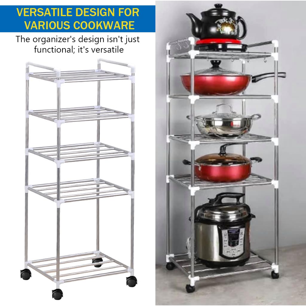 Supvox Tabletop Pan Organizer Rack for Kitchen Countertop with 5 Tiers and Wheels | Stainless Steel Space Saving Holder for Pots and Pans