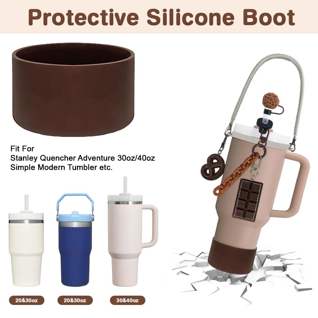 HASTHIP Stanley Cup Accessories Set for Travel with Hand Strap and Silicone Bottom Sleeve | 5Pcs Charms and Cookie Straw Cover