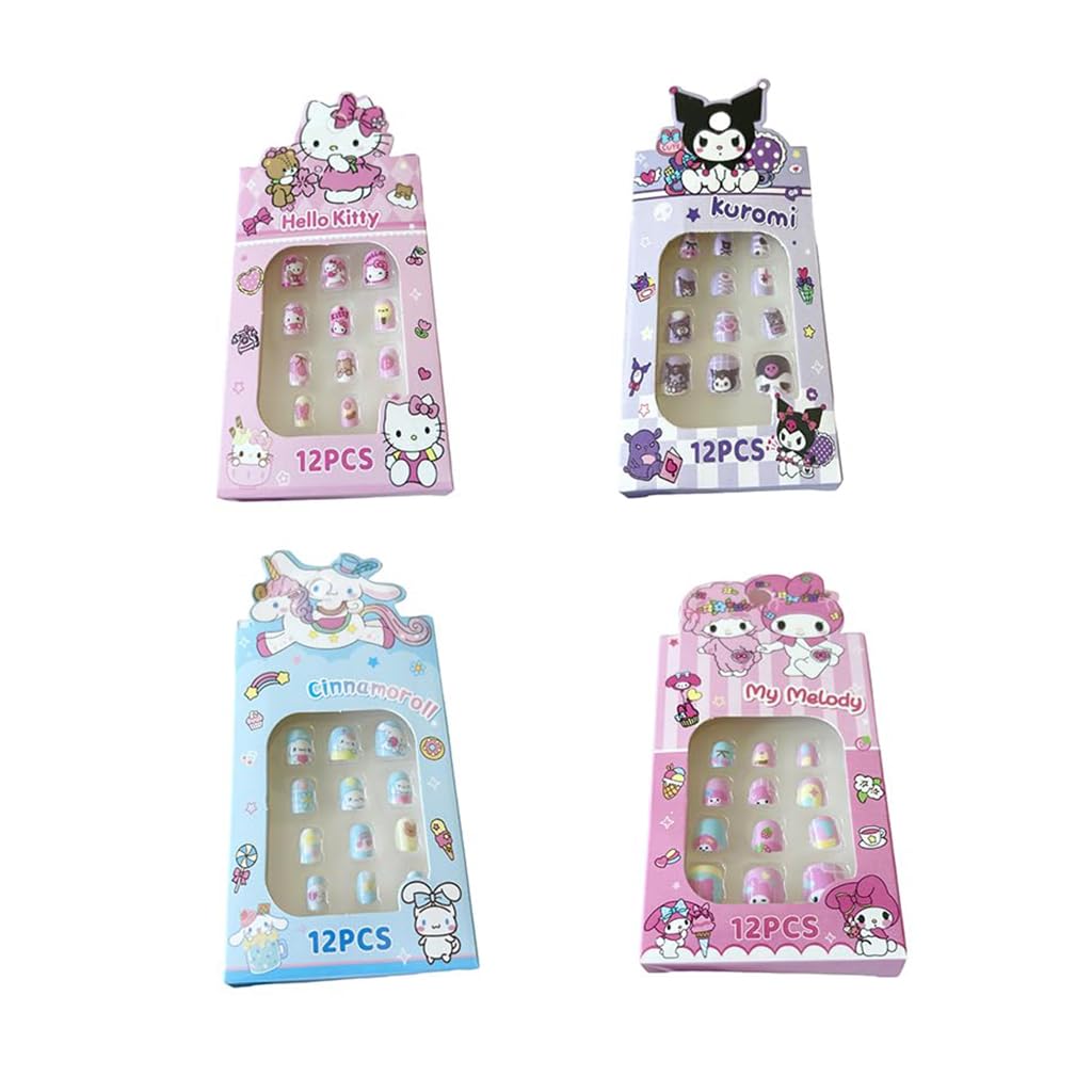 ZIBUYU Press on Nails Kit for Kids with Jelly Glue featuring 4 Cartoon Sets | Reusable DIY Manicure