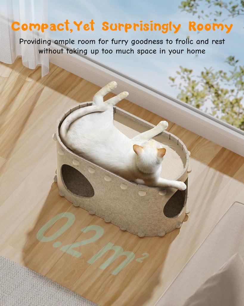 Qpets® Cat Cave Fun, Cats Activity Cave Cat Bed Scratching Board DIY Assembly Cat Cave Bed Cats Open Cave Cat Bed, 58x33x30CM