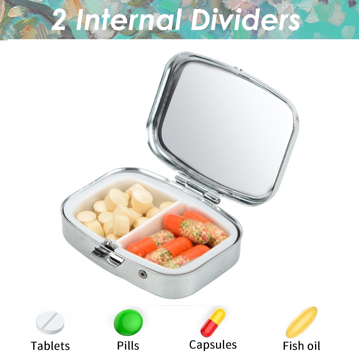 HANNEA Pill Box for Travel and Daily Use with 2 Compartments 5.6×4×1.6cm Metal Case Green