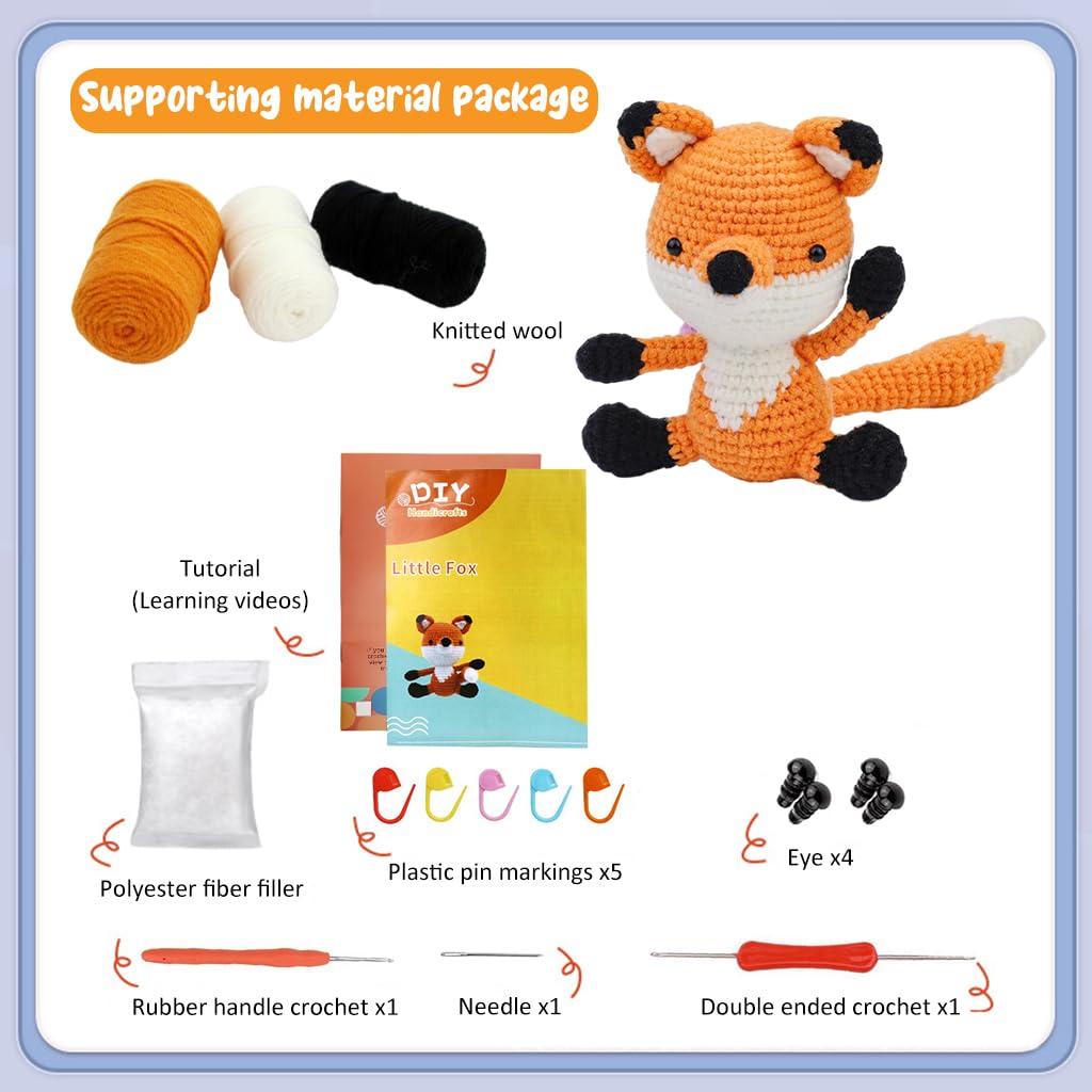 PATPAT® DIY Crochet Kit Starter DIY Crochet Orange Fox DIY Crocheting Fox Stuffed Toy Crocheting Kit Starter DIY Crocheting Kit DIY Gift for Kids, Friends