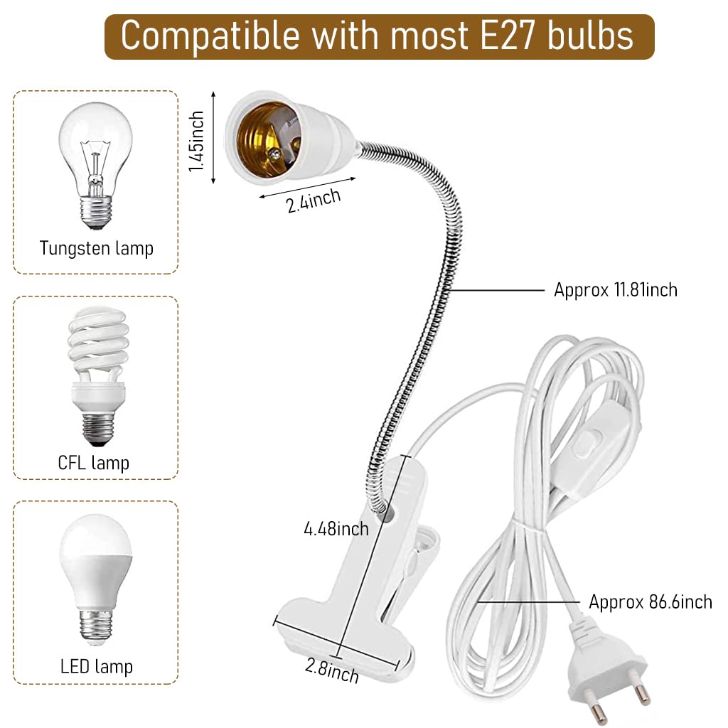 ELEPHANTBOAT E27 Clamp Lamp Holder with 360° Gooseneck and 1.8m Cable | White Desk Light