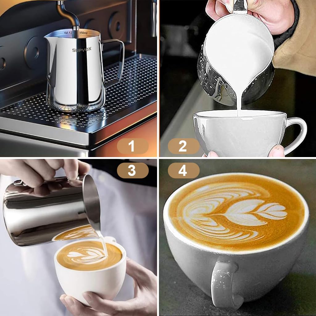 Supvox® Coffee Accessories Kit: 12oz Milk Frothing Pitcher & 100ml Espresso Cup, Food Grade Stainless Steel, Laser Etching Measuring Markings, Milk Jug Cup with Decorating Pen Latte Art, Coffee Tools