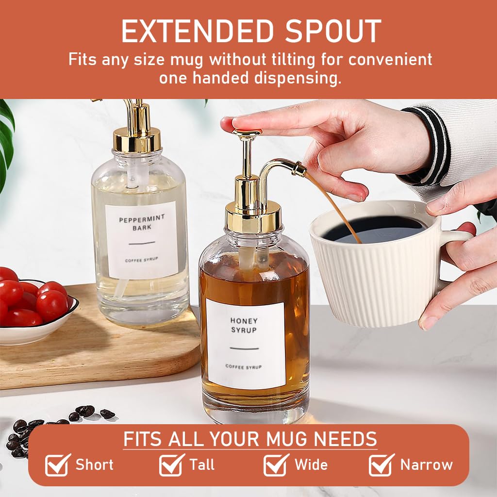 Supvox Coffee Syrup Dispenser for Kitchen and Coffee Bar with 16oz Glass Bottles & Pump | Includes Silicone Funnel and Label Stickers