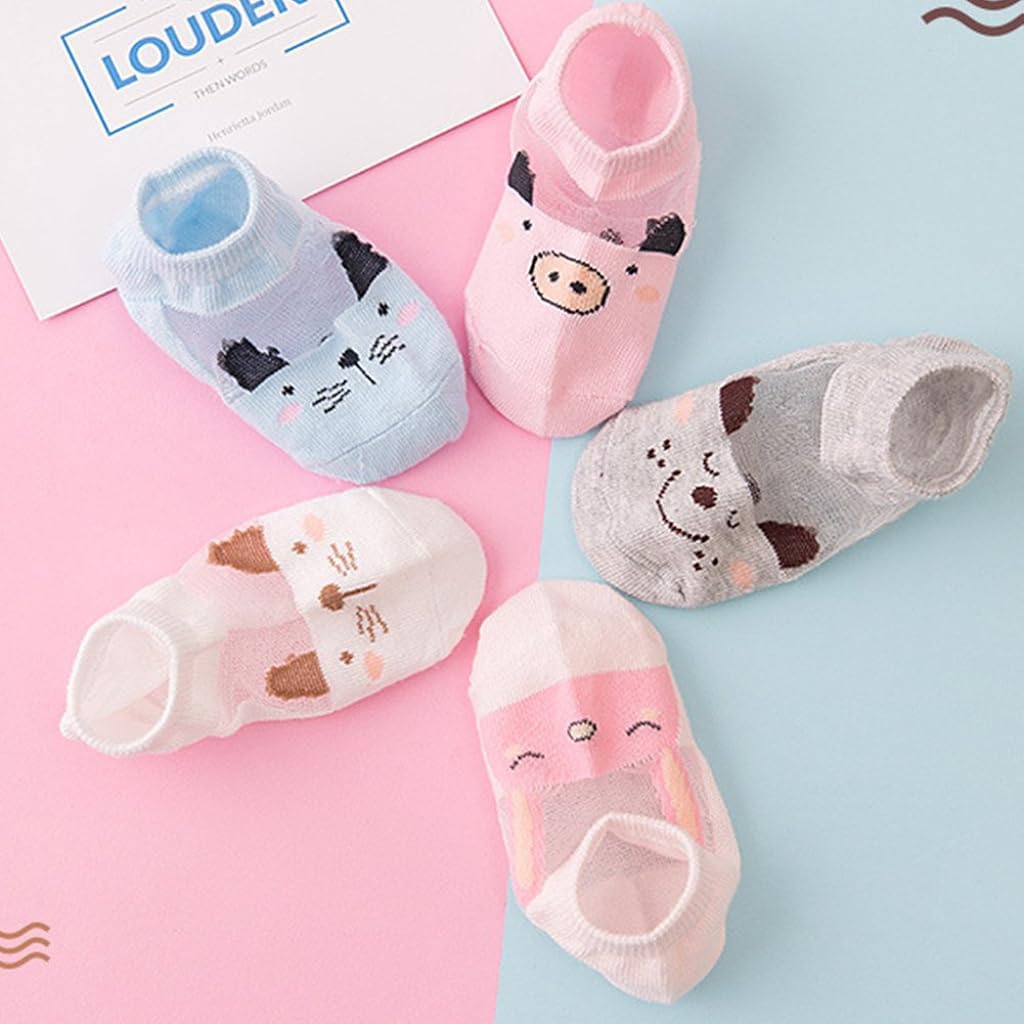 SNOWIE SOFT® 5 Pairs Baby Socks Floor Socks for Toddlers Summer Breathable Cotton Socks Cartoon Toddler Socks for Toddler Girls 0-18 Month