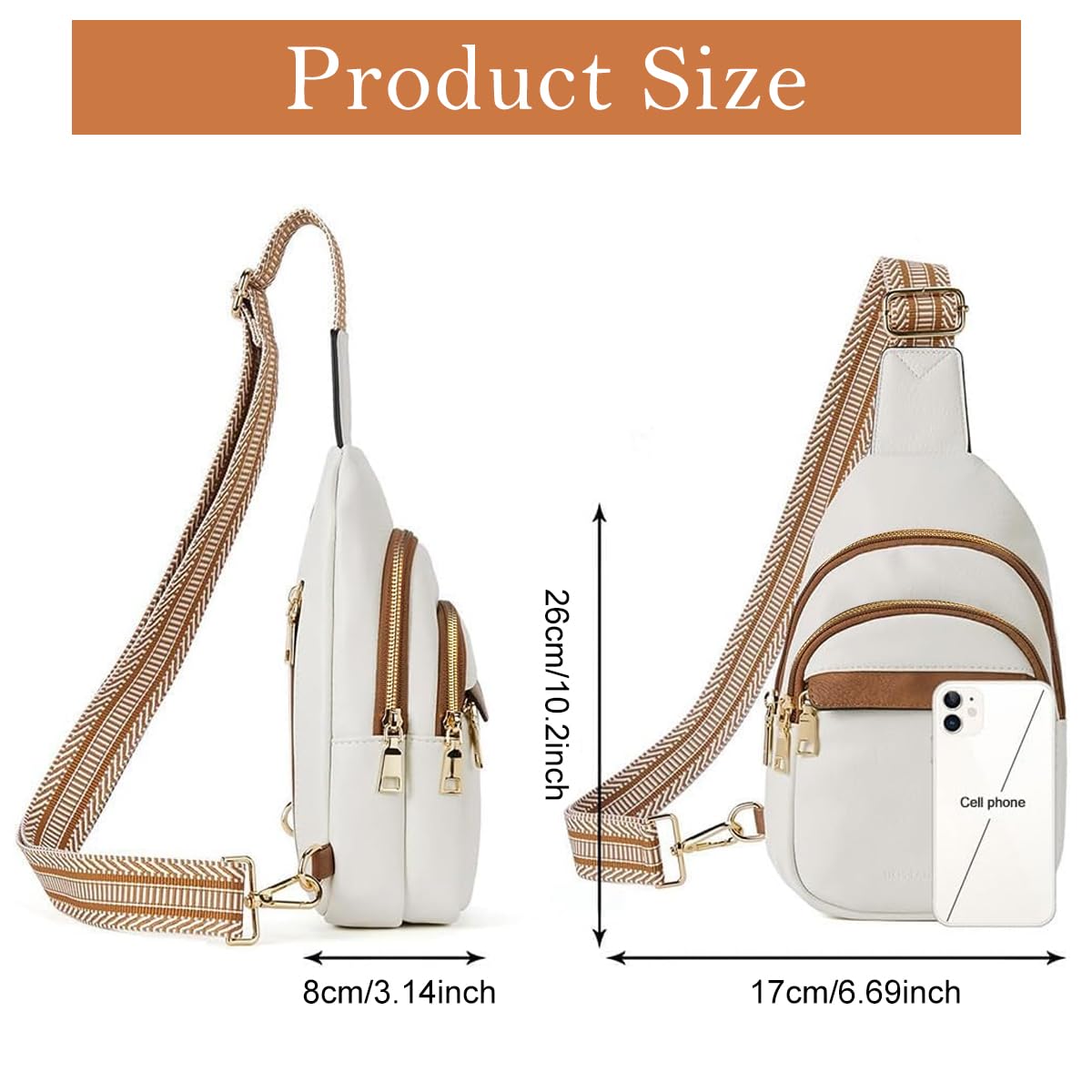 PALAY Fashion PU Chest Bag for Women Chic Triple Layer Zipper Chest Bag with Nylon Webbing Print Strap Design Casual Sling Bag Crossbody Bag Multipurpose Chest Bag for Office, Hiking, Travel