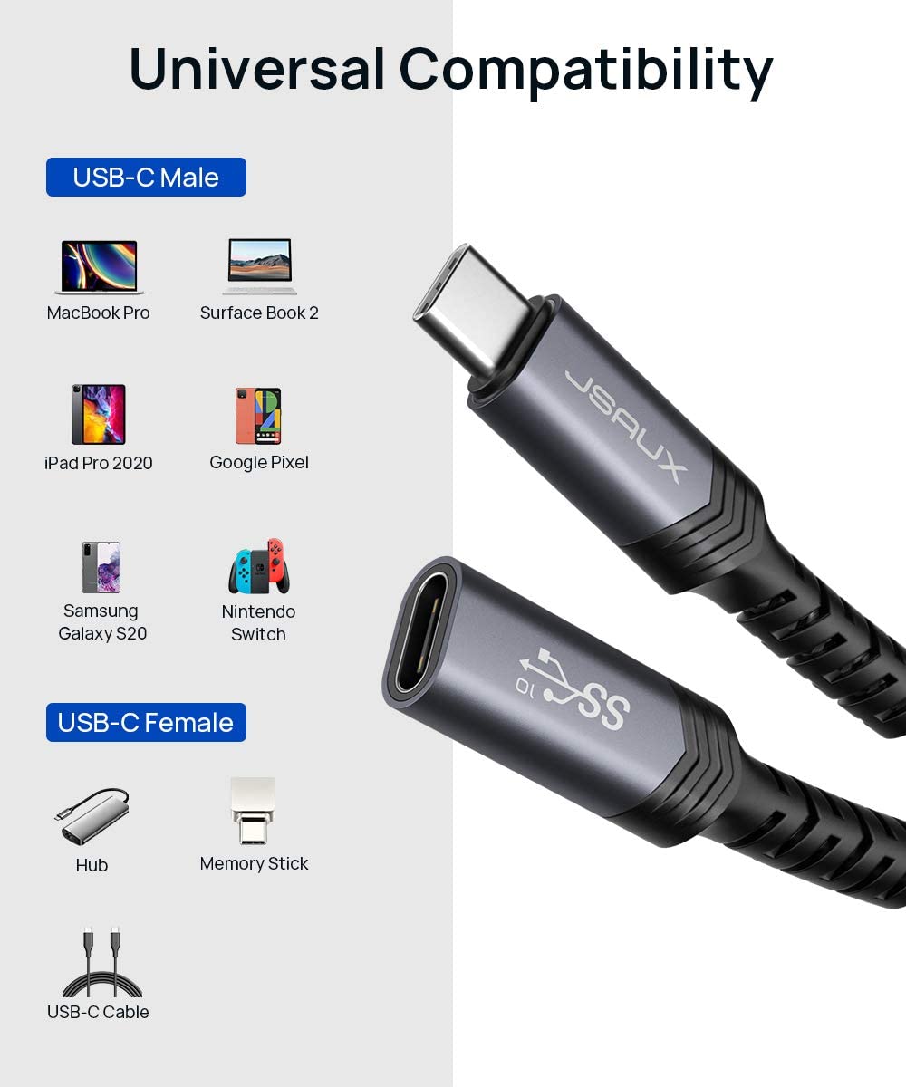 JSAUX Type C Extension Cable 6.5Ft for Fast Charging and 10Gbps Data | Metal Connectors