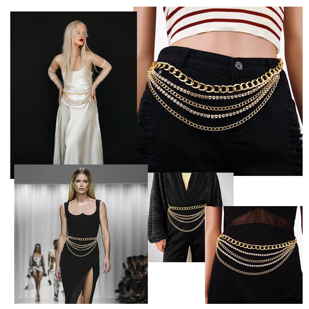 SANNIDHI Gold Waist Chain for Women featuring Multi Layered Rhinestone Design | Adjustable Fit