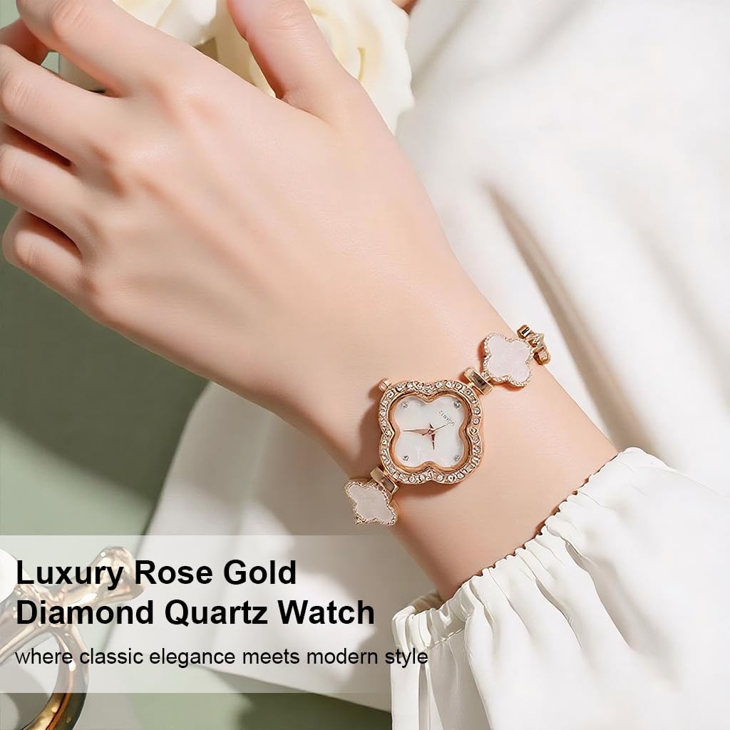 Fancyku Wrist Watch for Women with Adjustable Sliding Buckle and Four Leaf Clover Charm | Rose Gold Rhinestone Bracelet Gift