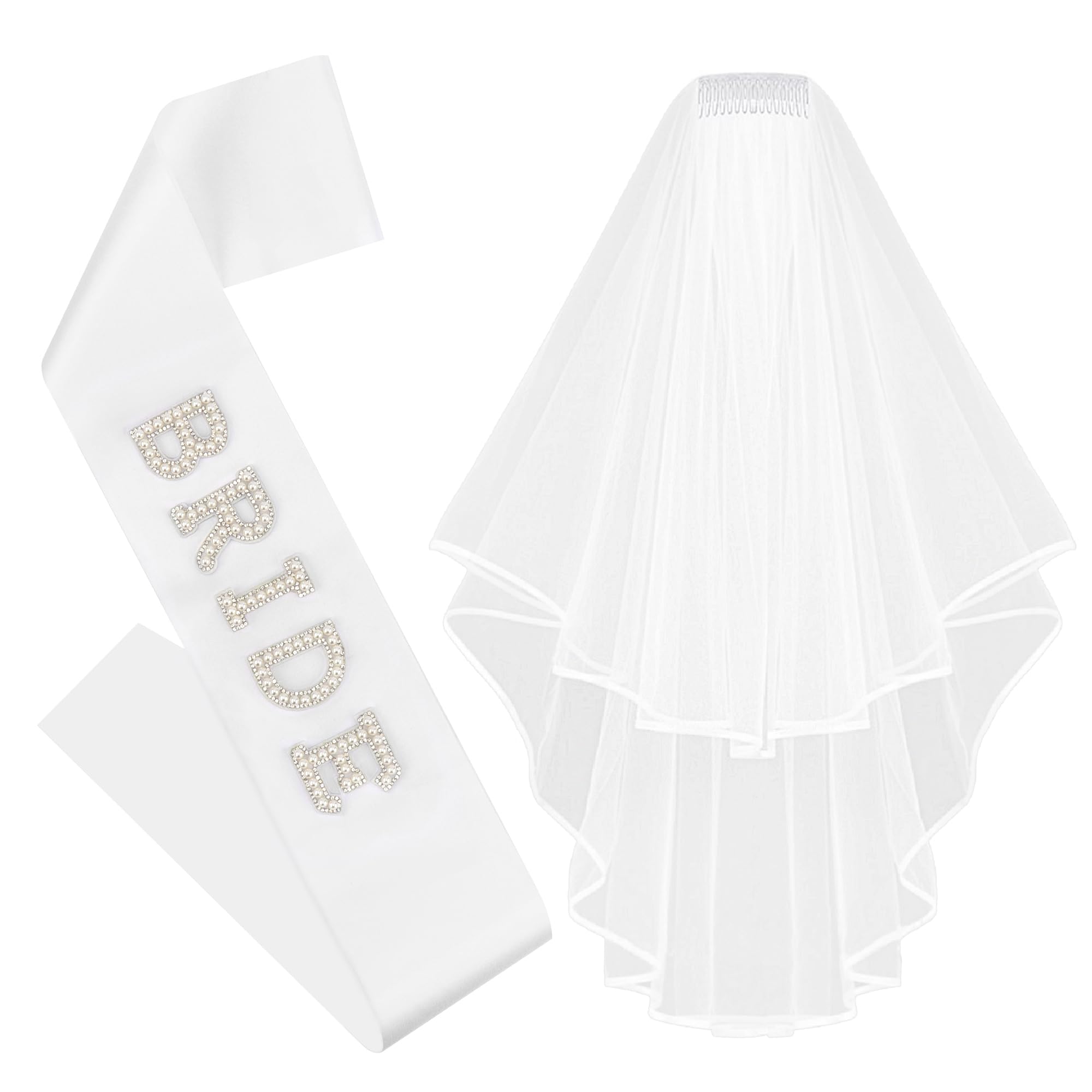 SANNIDHI® Bride to Be Sash Bridal White Veil for 2Pcs Pearl Satin Sash Bachelorette Party Decorations Double Edge Center Cascade Bridal Shower Veil with Comb Engagement Gifts - Snow