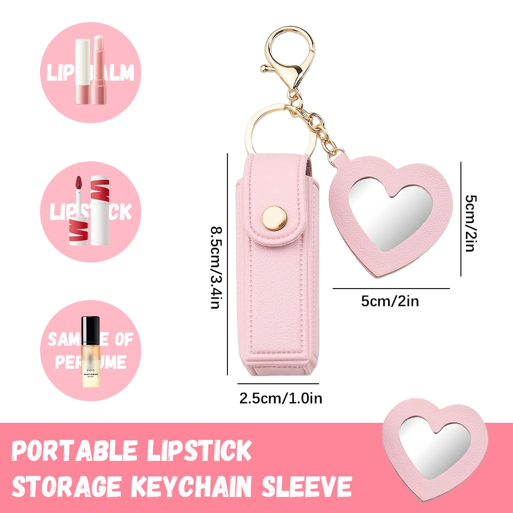 MAYCREATE Lipstick Holder Keychain for Travel with Heart Shape Mirror and Pink PU Case | Gift for Women
