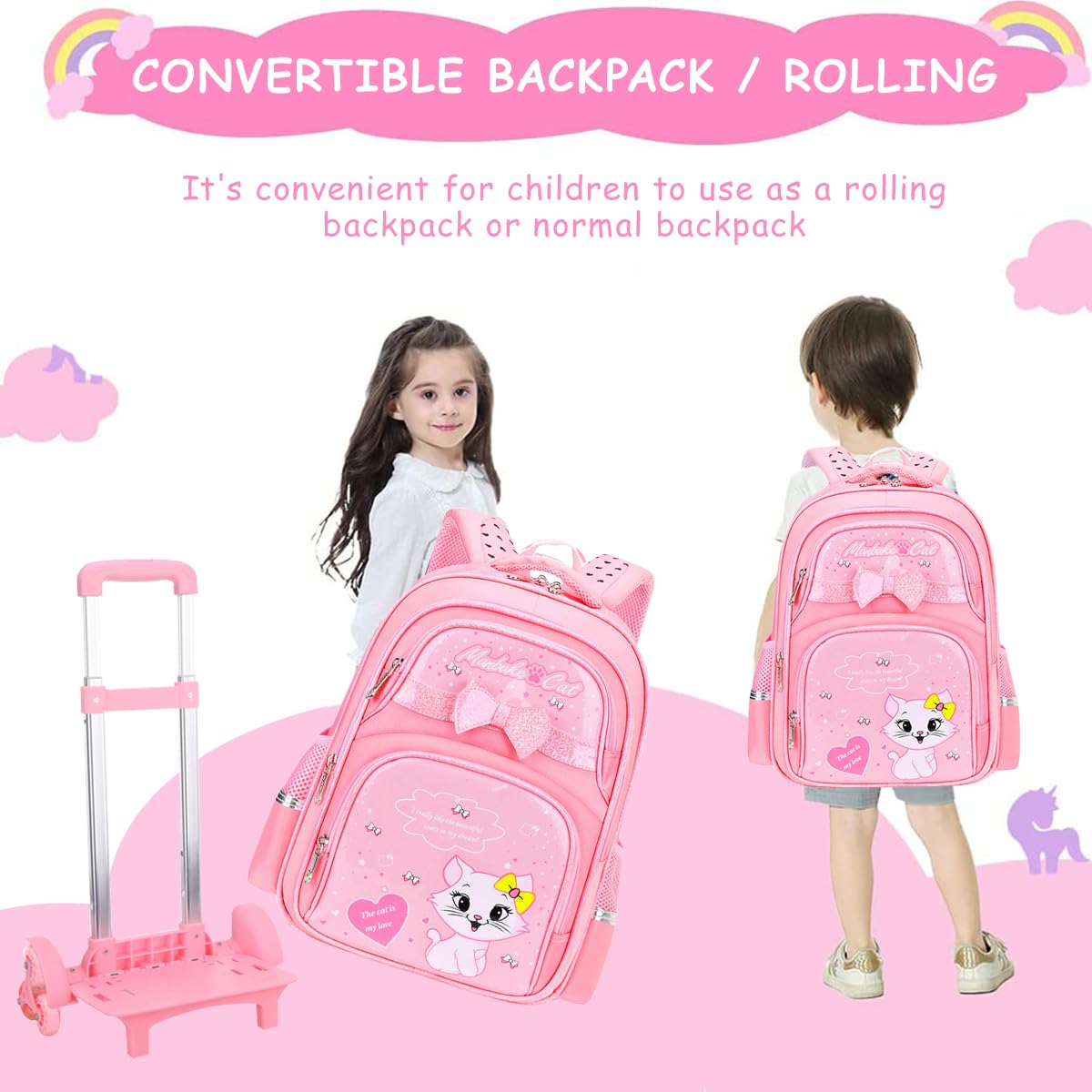 PALAY® School Backpack Girls School Backpack on Wheel Cute Cartoon Print School Backpack Detachable Wheel Stand with Puller School Gift Backpack for 6-12 Years Old