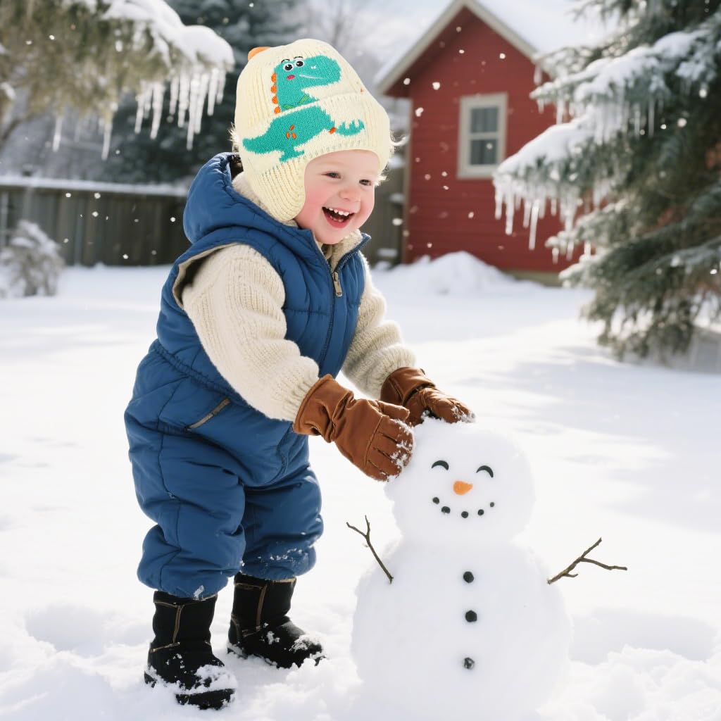 SNOWIE SOFT Cute Dinosaur Knitted Winter Cap for Kids 2–4 with Ear Guards | Beige Warm Beanie